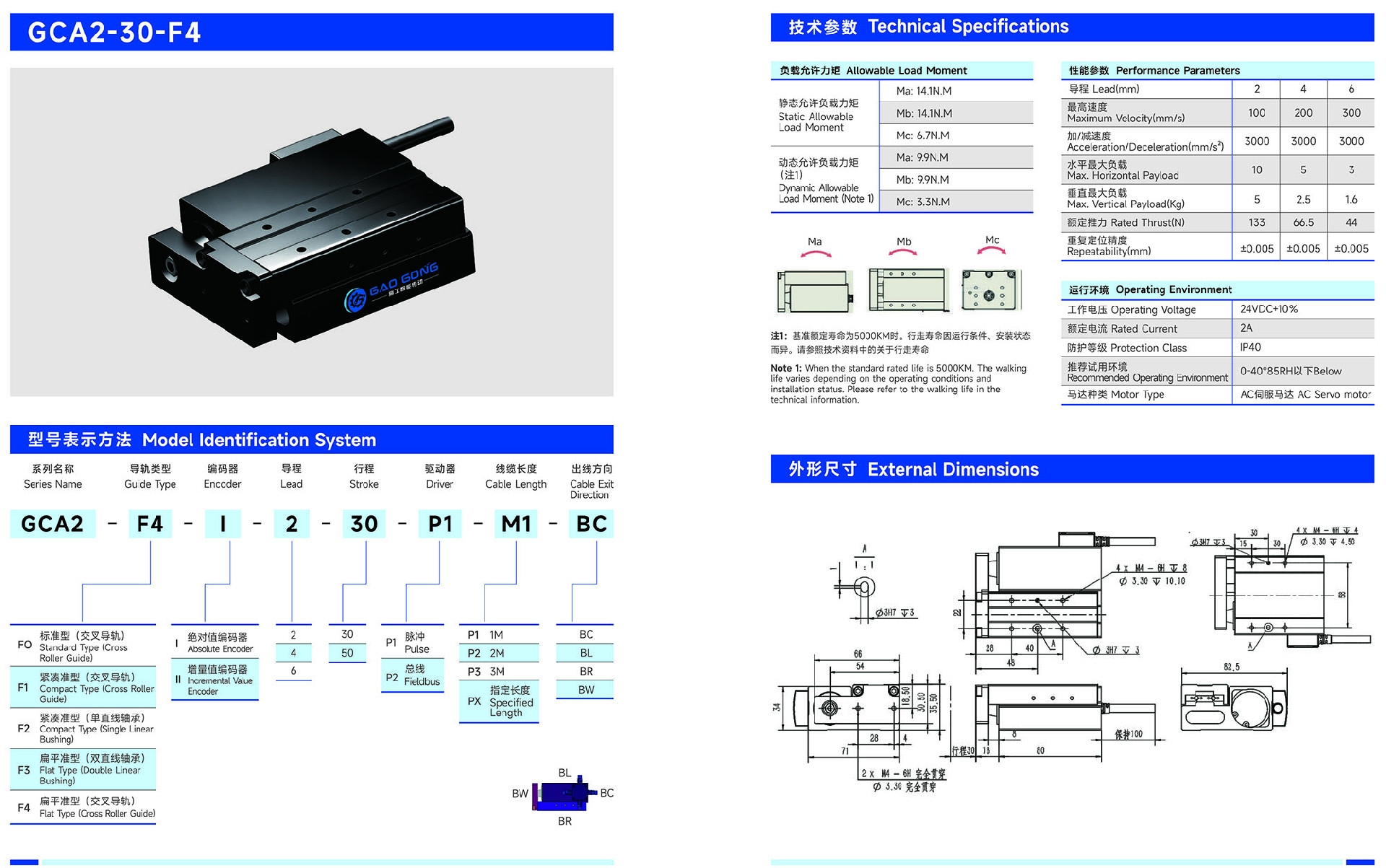 GCA2-30-F4 Force-Controlled Electric Slide Overall Size and Performance Chart 30mm