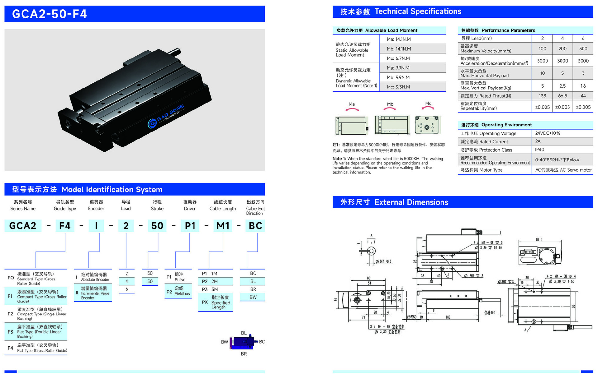 GCA2-50-F4 Force-Controlled Electric Actuator Size Diagram and Load Parameters